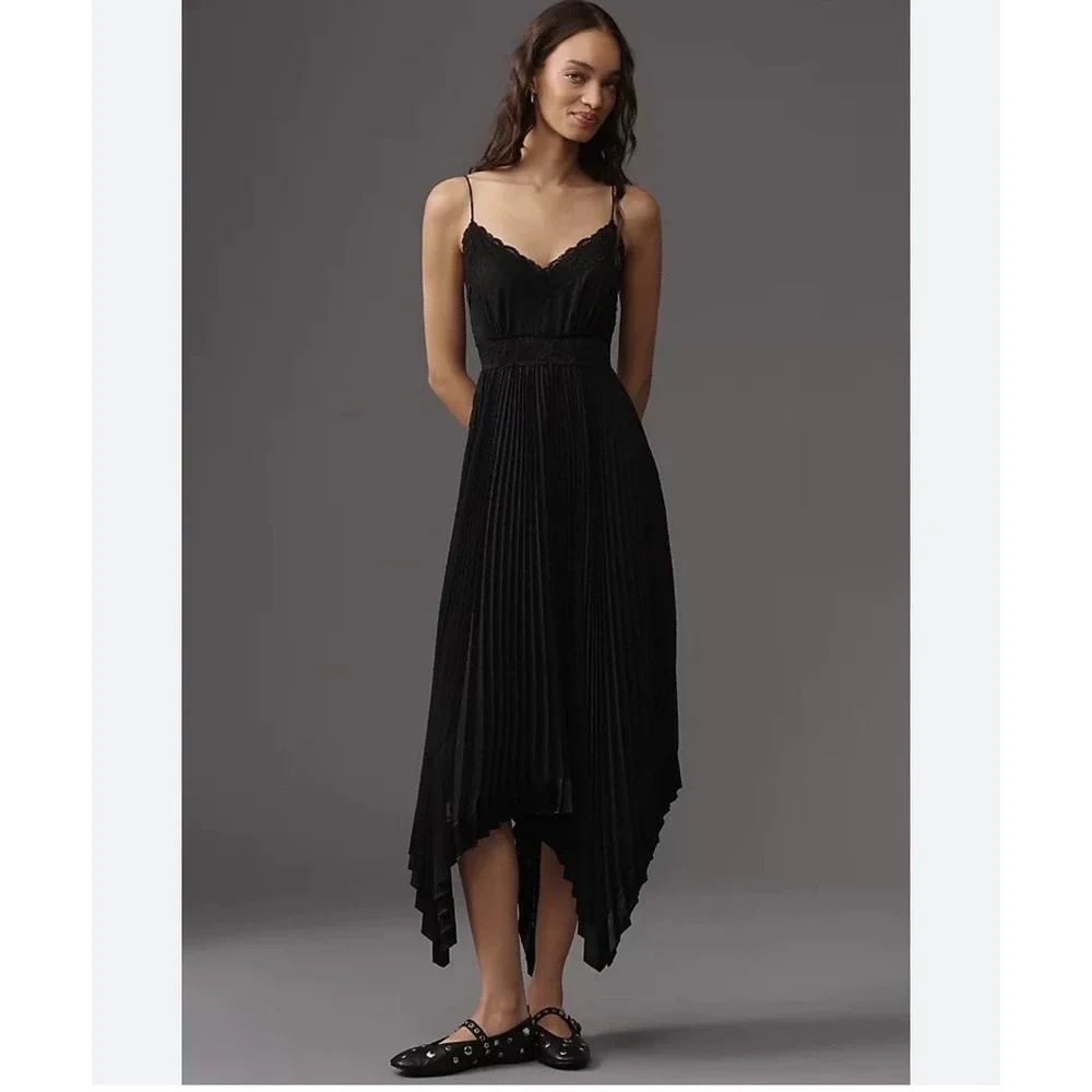 Anthropologie Exquise Black Pleated Midi Dress Womens 6‎ Handkerchief Hem